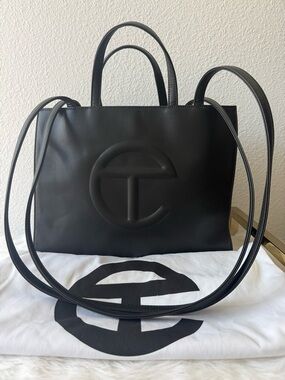 Telfar Black Tote Bag with Logo Accent, Double Handles, Cross-Body Strap